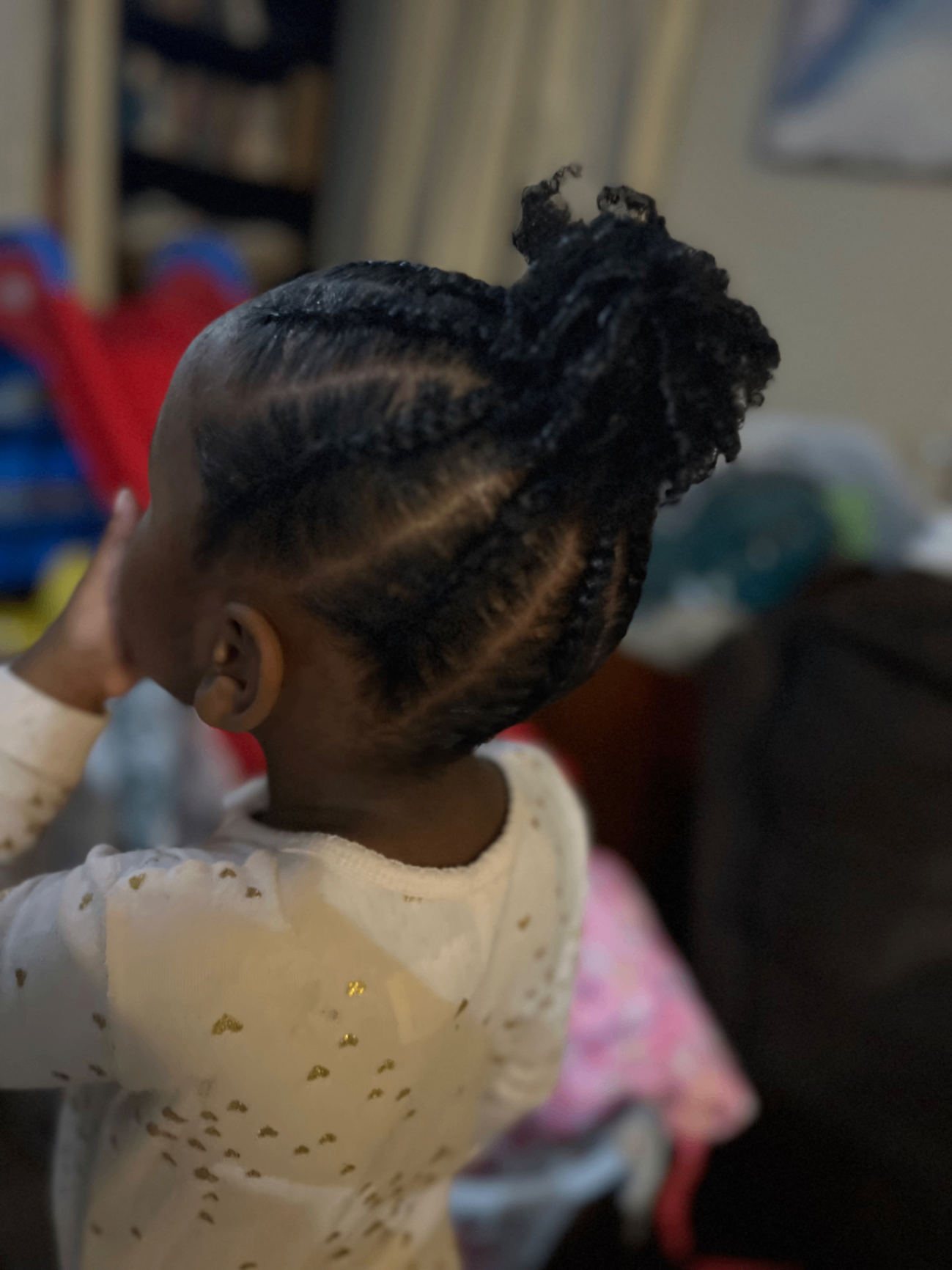 Braided updo finished with a curly puff