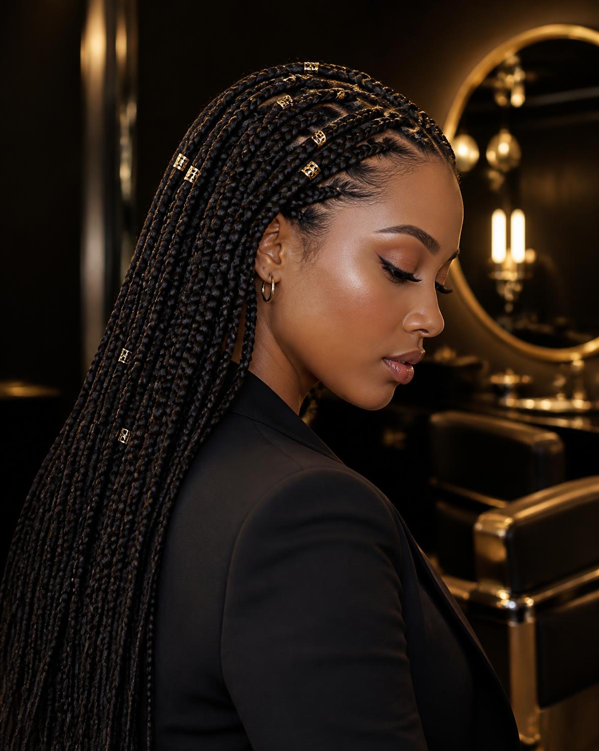 Woman wearing long knotless braids in an elegant salon